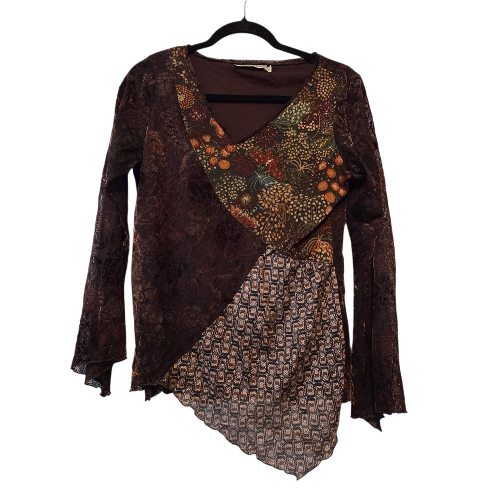 Vintage 90s Canvasback Patchwork Top Women's 10 Velvet Burnout Mesh Asymmetric